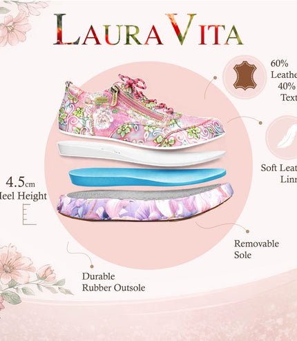 Laura Vita Women's Nikito 62 Rose Pink Floral Leather Trainers Platform Sneaker Shoes