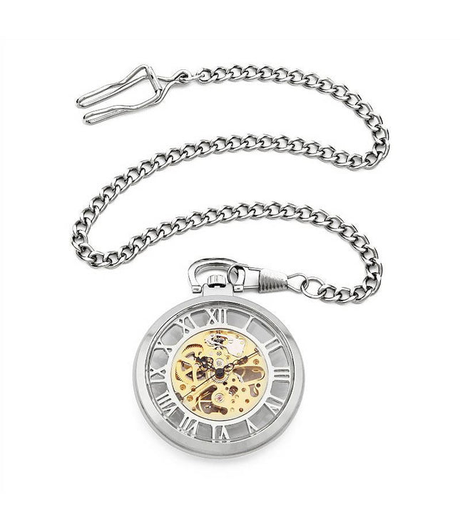 Open-Face Silver Alloy Mechanical Skeleton Silver Pocket Watch