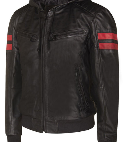 Mens Leather Hooded Retro Bomber Jacket - Skopje - Black