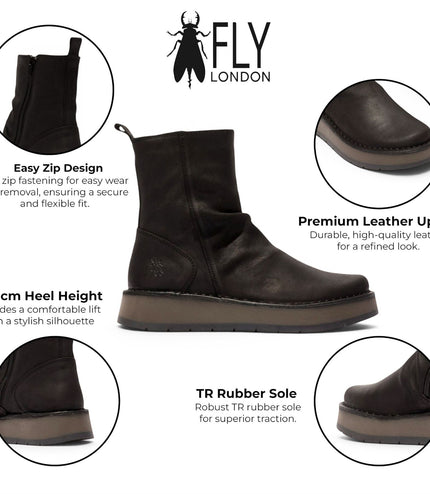 Fly London Womens Black Suede Leather Zip Up Platform Ankle Boots - RENO053FLY
