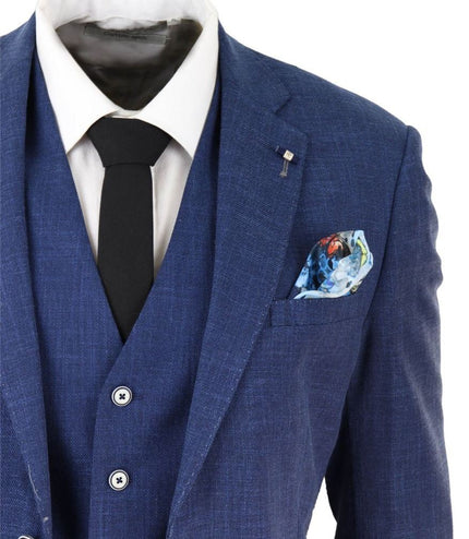 Mens 3 Piece Blue Linen Summer Spring Classic Suit