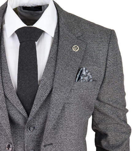 Mens Grey 3 Piece Suit Prince of Wales Check Classic Tailored Fit Wedding Suit