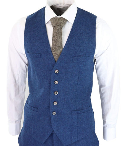 Mens 3 Piece Blue Tweed Wool Twill Vintage Classic Suit