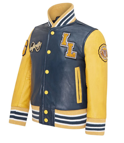 Kids Blue Letterman Leather Varsity College Bomber Jacket