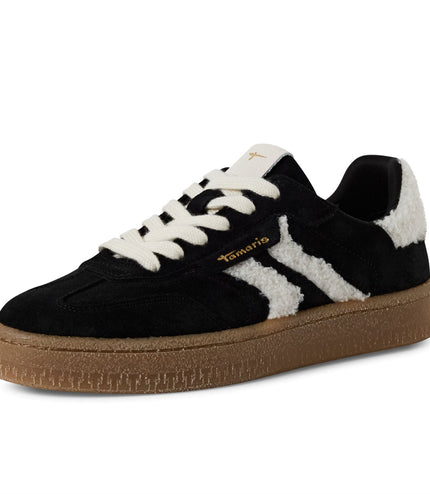 Tamaris Womens Black White Fur Suede Leather Fashion Lace Up Sneakers