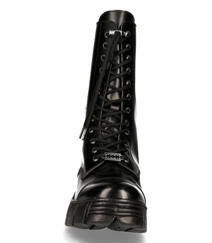New Rock Black Leather Mid-Calf Tower Biker Boots-M-Wall127N-C1