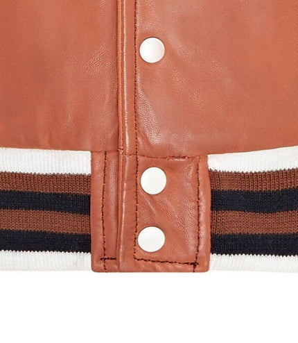 Kids Tan Letterman Leather Varsity College Bomber Jacket