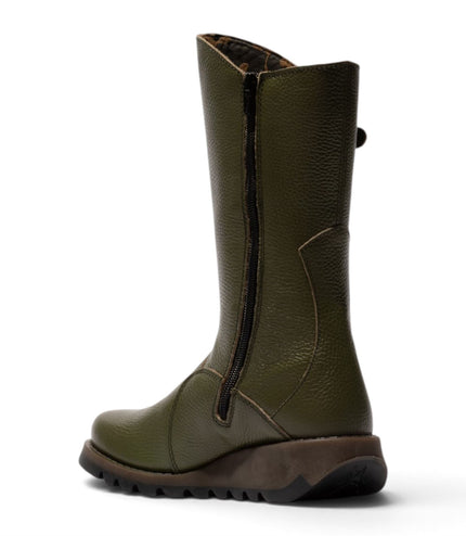 Fly London Womens Military Green Leather Mid-Calf Long Boots - MES2913