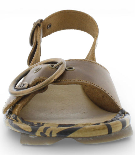 Fly London Women's TRAM723FLY Camel Brown Leather Wedge Sandals
