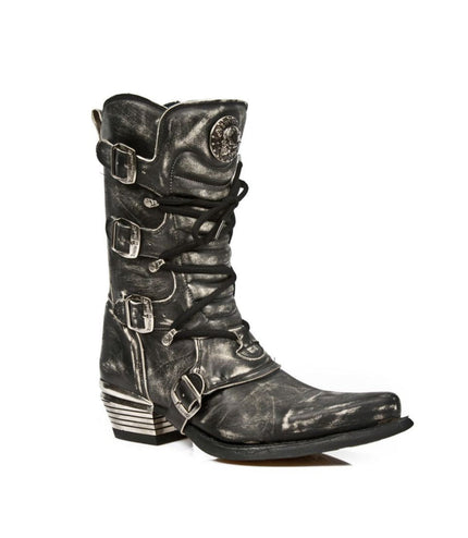 Outer side view of New Rock M.7993-S3 grey cowhide boot with metal buckles
