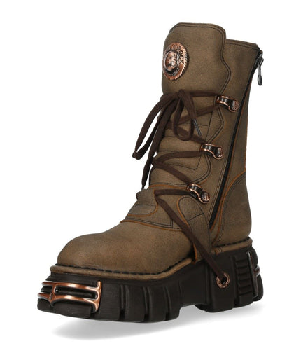 New Rock Brown Leather Gothic Mid-Calf Biker Boots - M-373XL-C120