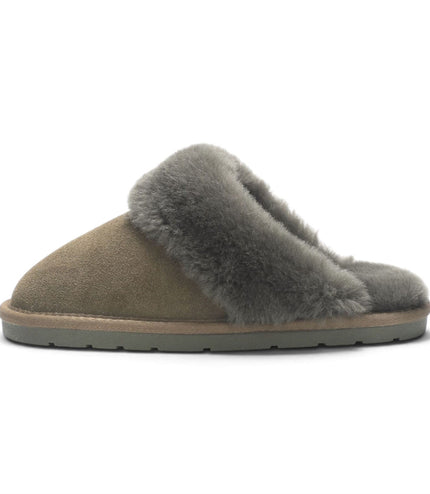 Women's Genuine Sheepskin Olive Green Suede Mule Winter Slippers - Luna