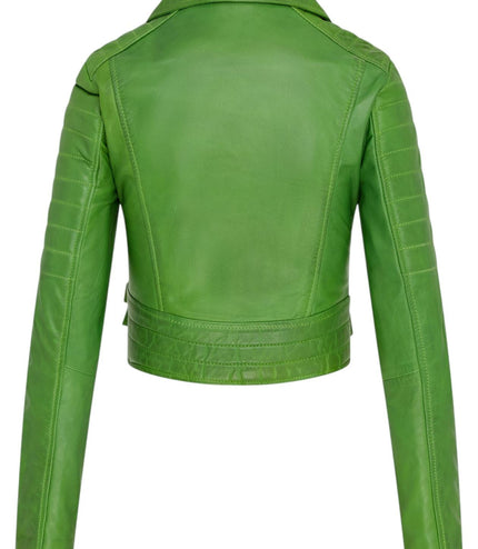 Womens Cropped Brando Leather Biker Jacket-Damascus - Apple