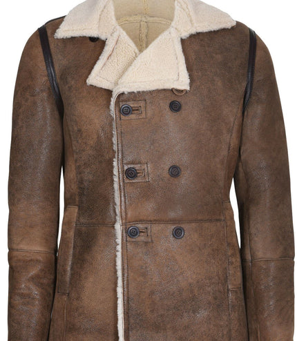 Mens Double Breasted Shearling Sheepskin Pea Coat-Valencia - Tan Brown