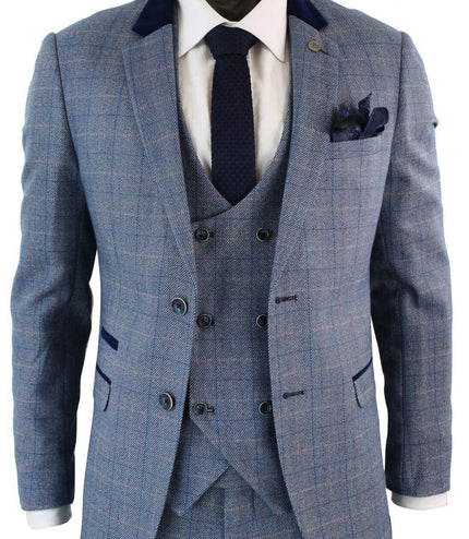 Mens 3 Piece Blue Grey Herringbone Check Suit