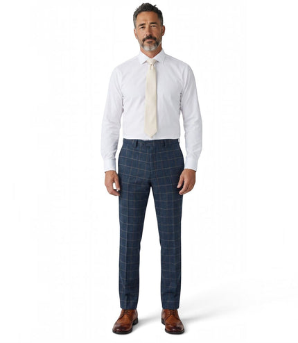 Men's Navy Tweed Herringbone Check Trousers - Harris