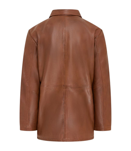 Men's Tan Leather Long Collared Car Coat Jacket - Berry