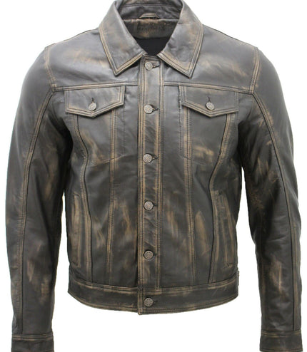 Men's Retro Leather Trucker Jacket-Constantine - Vintage Black