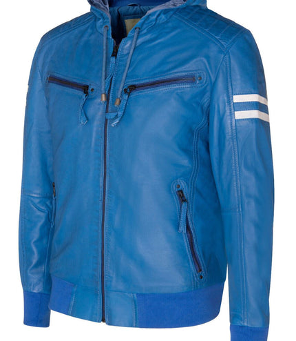 Mens Leather Hooded Retro Bomber Jacket - Skopje - Blue
