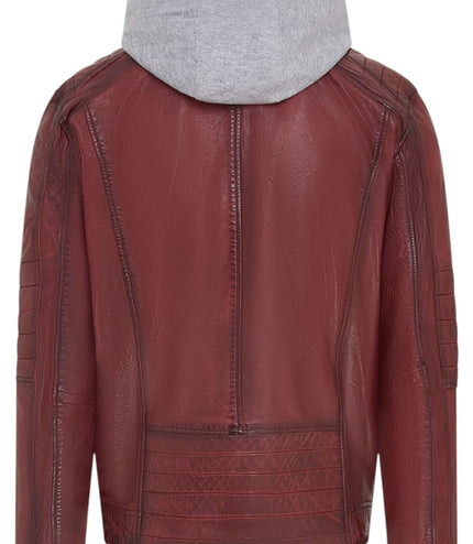 Men's Hooded Biker Lamb Leather Jacket - Burten - Ox Red