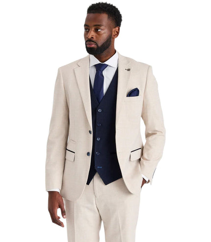 Men's Check Cream Blazer Navy Waistcoat Wedding 3 Piece Suit - Regent