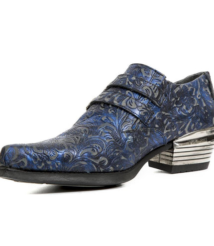 New Rock Vintage Blue Floral Leather Buckle Shoes-7960-S7