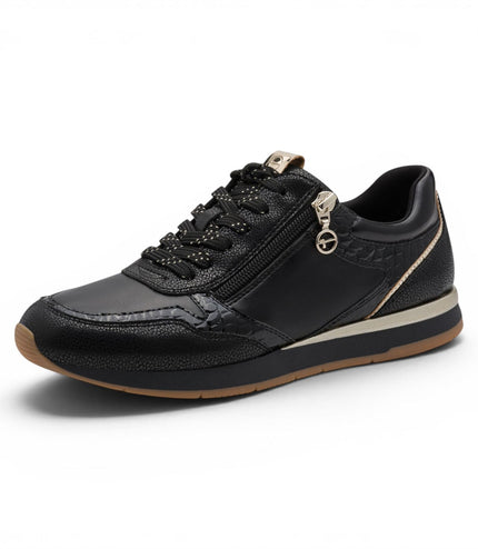Tamaris Womens Black Faux Leather Fashion Lace Up Sneakers - 23613-46