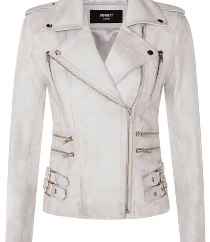 Womens Leather Brando Biker Jacket-Orlando - White