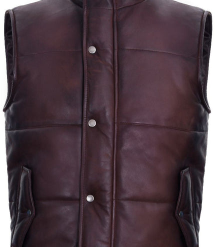 Mens Classic Leather Puffer Waistcoat-Nottingham - Brown