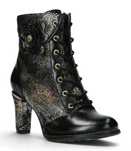 Laura Vita Women’s Black Leather Floral Heeled Lace-Up Boots - Alcbaneo 173