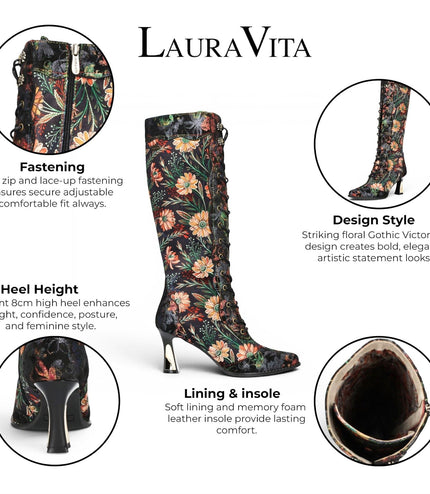 Laura Vita Women's Black Victorian Floral Leather Knee-High Heeled Boots - Oanelo-02