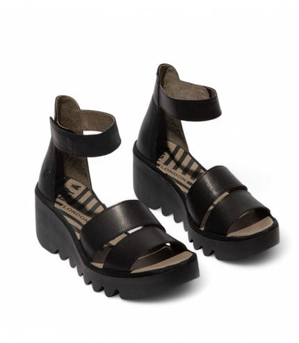 Fly London Women's Bono290Fly Black Mousse Leather Wedge Sandals