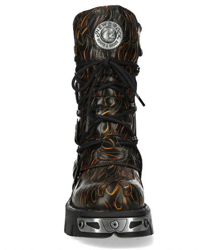 New Rock M-591-C62 Mid-Calf High Black Flame Leather Metallic Gothic Boots