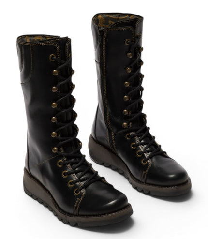 Fly London Women’s Black Leather Lace-Up Combat Ankle Boots- STER768