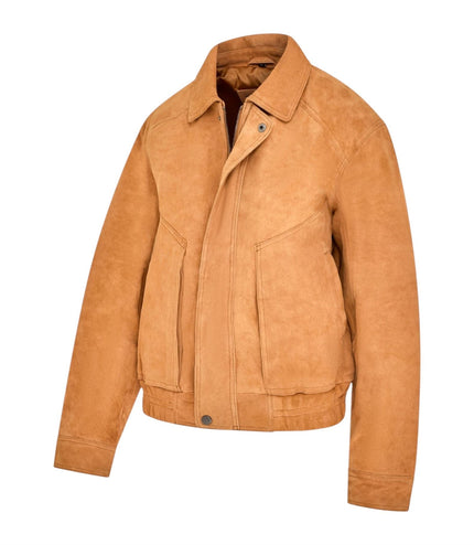 Womens Tan Leather Biker Bomber Oversized Jacket - Blouson