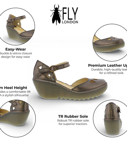 Fly London Women's Yuna Bronze Brown Leather Wedge Sandals