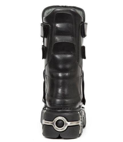 New Rock Punk Mid Calf Black Leather Boots-M-422-S1
