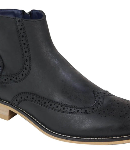 Mens Black Leather Brogue Zip Up Chelsea Boots