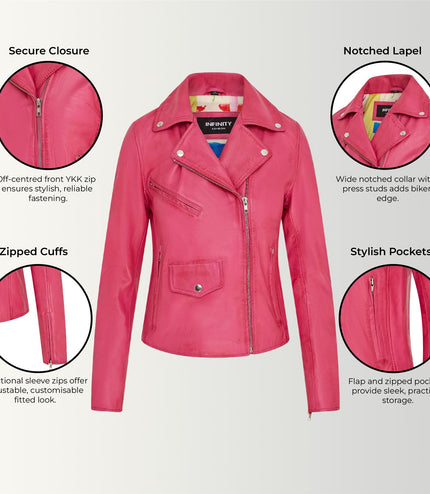 Women's Classic Brando Biker Leather Jacket - Broome - Fuschia