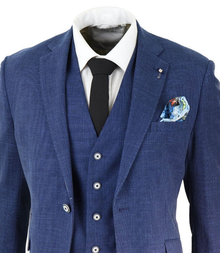 Mens 3 Piece Blue Linen Summer Spring Classic Suit