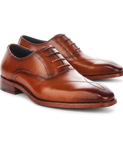 Justin Reess Men's Tan Leather Cross-Stitch Toe Cap Oxford Shoes - Jett