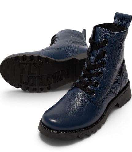 Fly London Womens Navy Blue Leather Lace-Up Heeled Ankle Boots - RAMY488