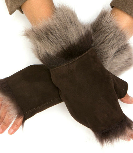 Womens Shearling  Mittens Fingerless Cuffs Toscana Suede Sheepskin Fur - Brown Silver