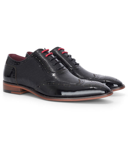 Justin Reess Men's Black Patent Leather Brogue Shoes - Flynn