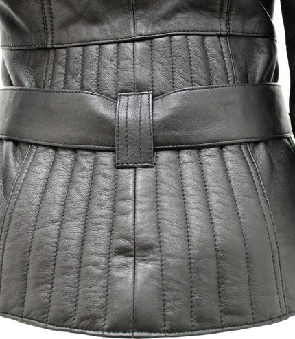 Womens Long Leather Biker Jacket-Quito - Black