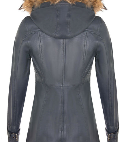 Womens Warm Leather Hooded Parka Jacket-Northwich - Navy