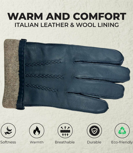 Men's Navy Blue Italian Leather Warm Wool Lining Winter Stich Design Gloves - M-LGV-205