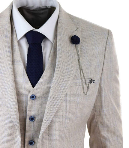 Mens 3 Piece Cream Check Tweed Herringbone Vintage Classic Suit