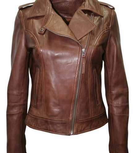 Womens Chestnut Leather Biker Jacket-Reynosa