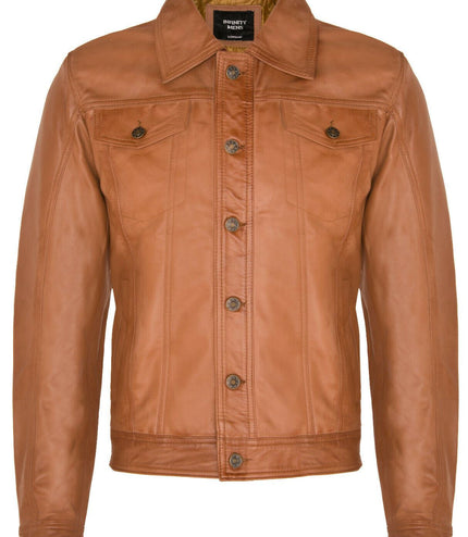 Men's Retro Leather Trucker Jacket-Constantine - Tan